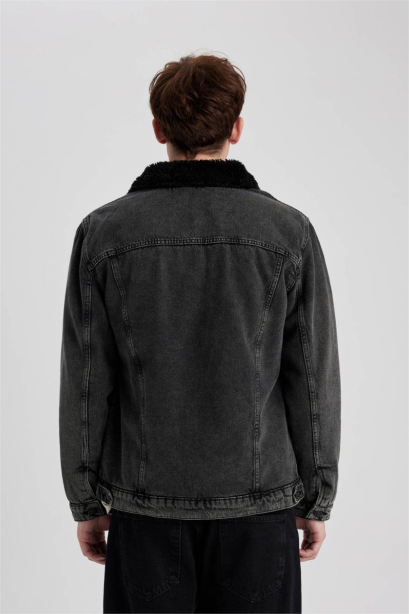 Erkek Siyah Slim Fit Dar Kesim Suni Kürklü Yaka Düğmeli Cepli Jean Ceket