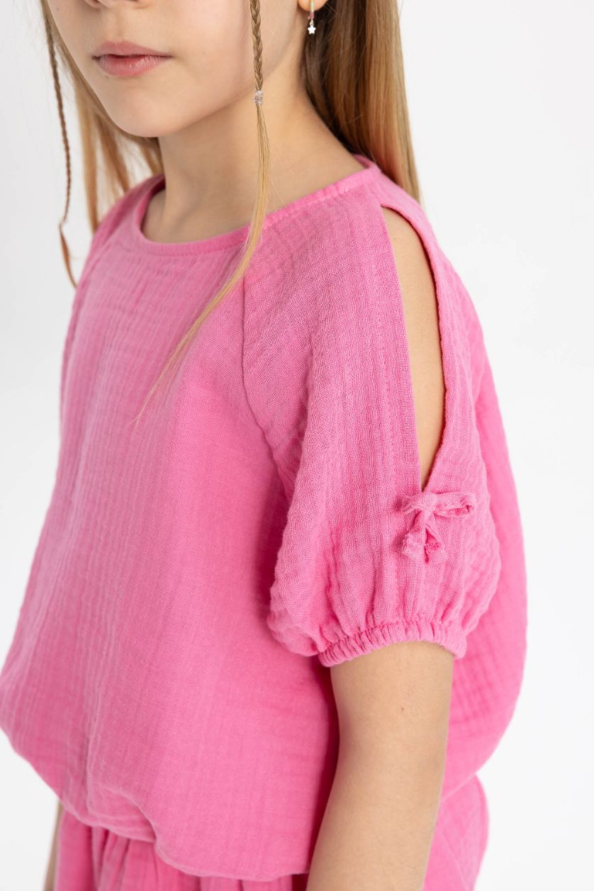 Kız Çocuk - Genç Kız Pembe 2'li Takım Bisiklet Yaka Kısa Kollu Tişört Etek Kız Çocuk