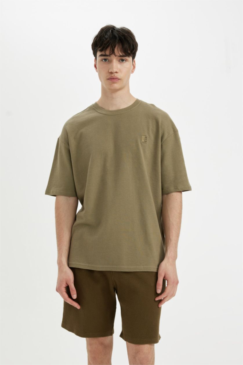Erkek Açık Haki Oversize Geniş Kalıp Bisiklet Yaka Baskılı Kısa Kollu Tişört