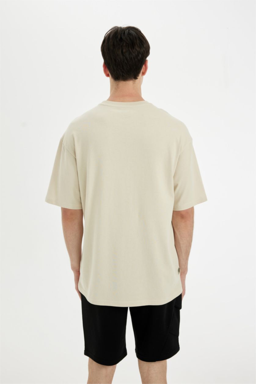 Man Beige Comfort Regular Fit Crew Neck Printed T-Shirt