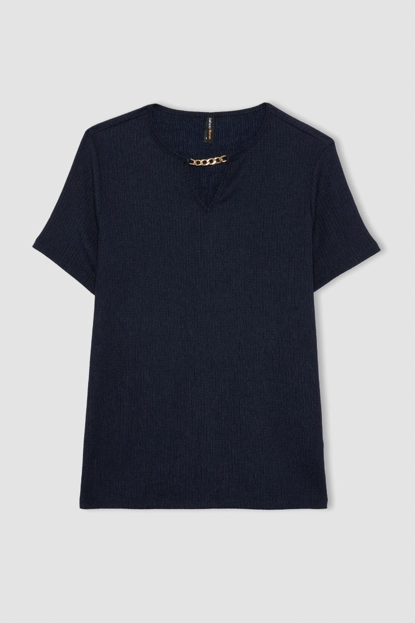 نساء كحلي تي شيرت نص كم بياقة مستديرة وقصة عادية