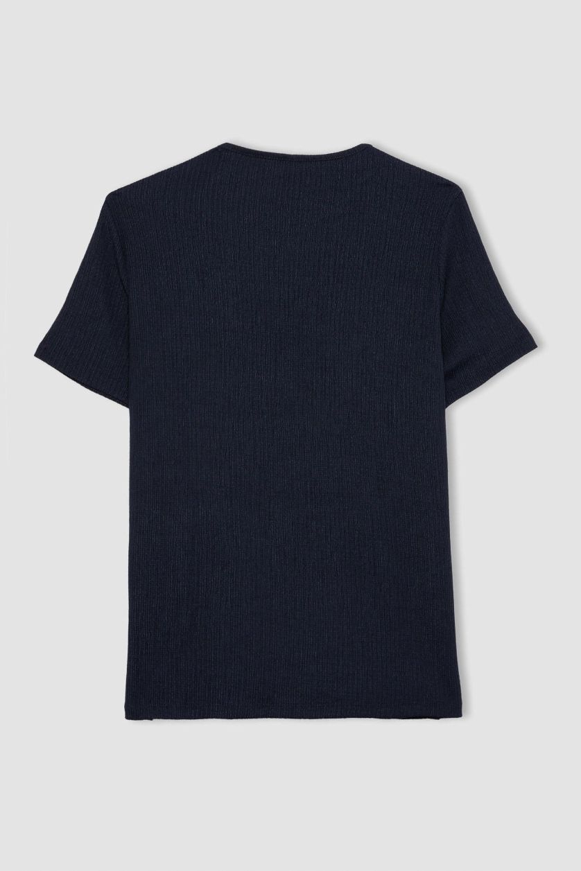 نساء كحلي تي شيرت نص كم بياقة مستديرة وقصة عادية