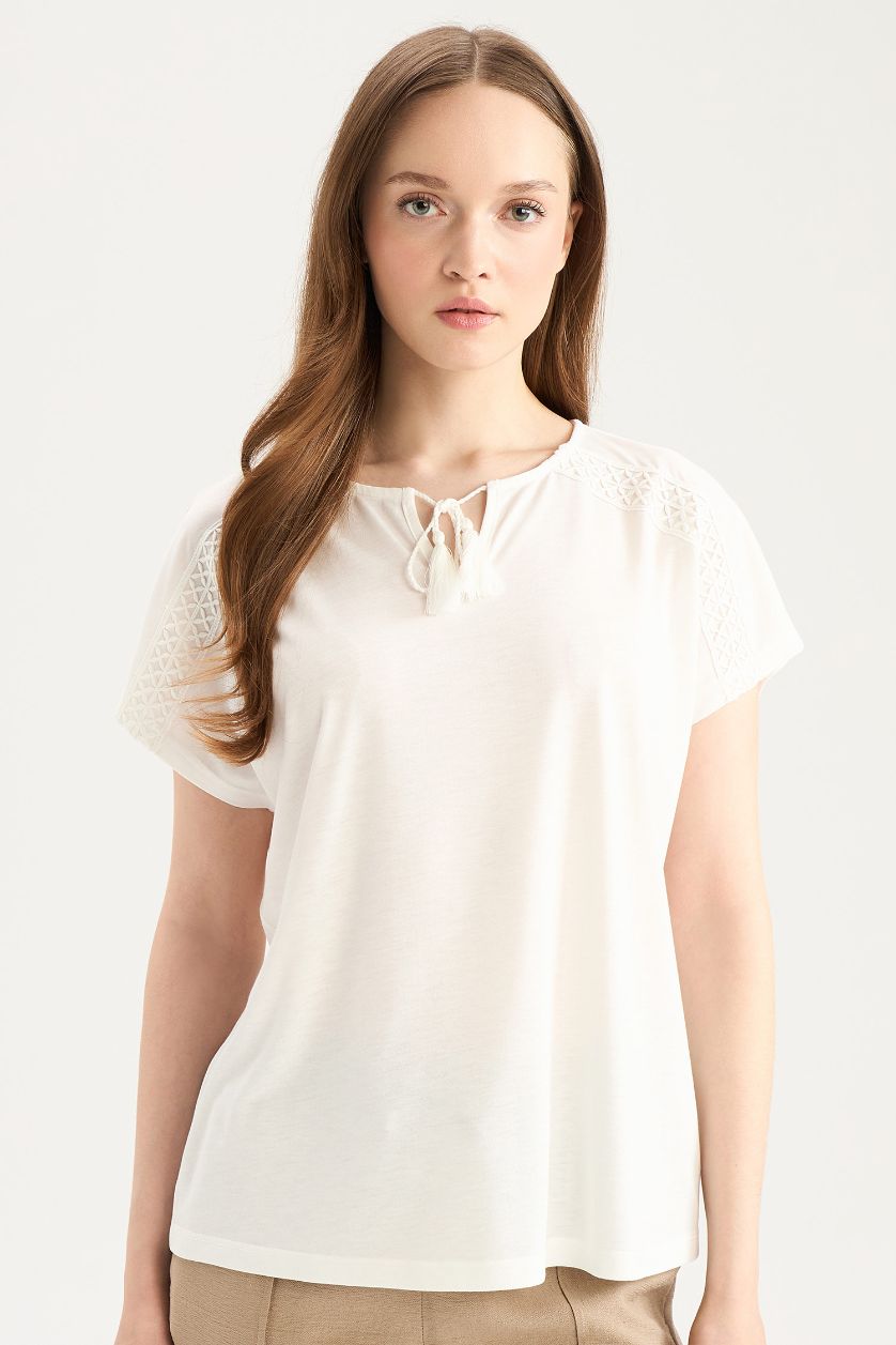 Әйелдерге экру Traditional дөңгелек жаға Қысқа жеңді футболка