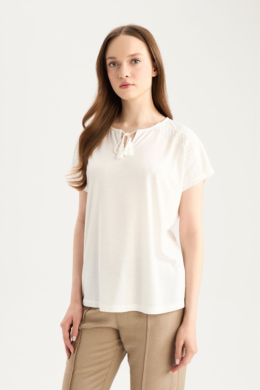 Әйелдерге экру Traditional дөңгелек жаға Қысқа жеңді футболка