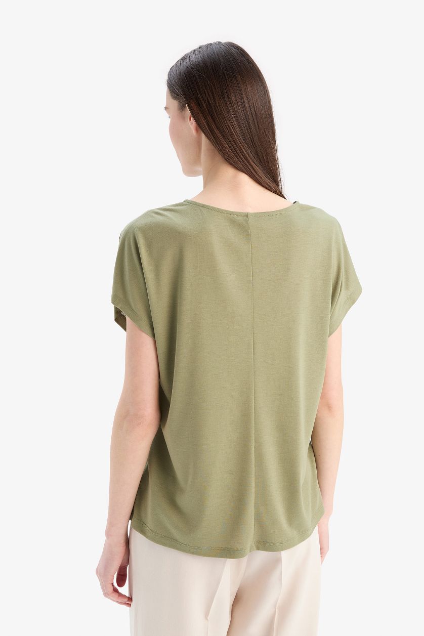 نساء كاكي تيشيرت نص كم برقبة مستديرة