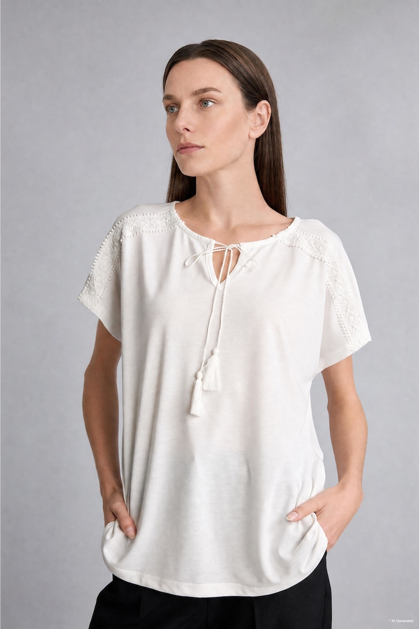 Women Ecru Crew Neck Short Sleeve T-Shirt
