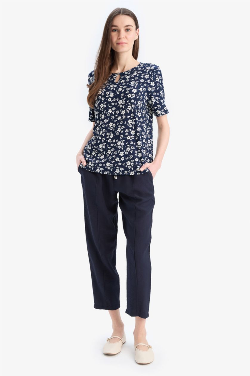 نساء كحلي تيشيرت نص ردن فلورال قصة عادية بياخة مستديرة