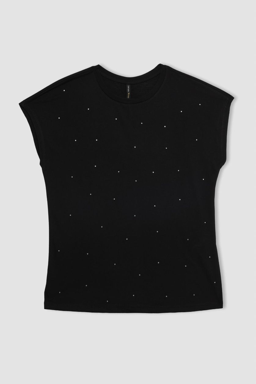 نساء أسود تيشيرت نص كم مزخرف برقبة مستديرة