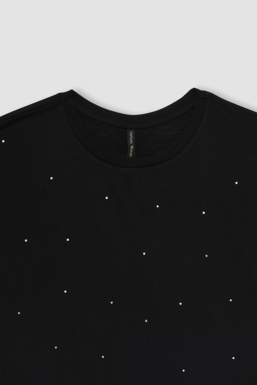 نساء أسود تيشيرت نص كم مزخرف برقبة مستديرة