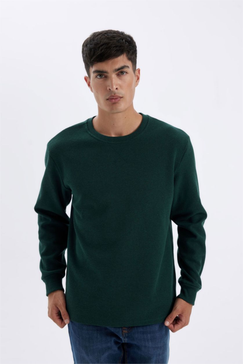 Erkek Koyu Yeşil Melanj Regular Fit Bisiklet Yaka Waffle Uzun Kollu Tişört