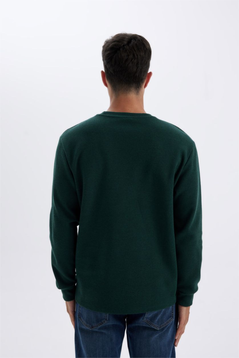 Erkek Koyu Yeşil Melanj Regular Fit Bisiklet Yaka Waffle Uzun Kollu Tişört