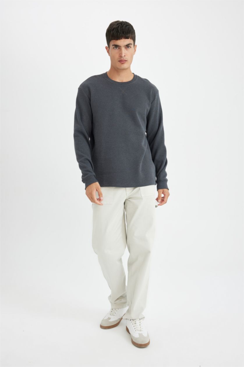 رجال ميلانج رمادي تيشيرت ردن طويل قصة عادية وافل بياخة مستديرة