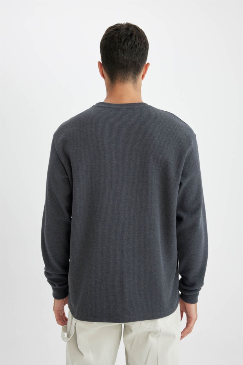 رجال ميلانج رمادي تيشيرت ردن طويل قصة عادية وافل بياخة مستديرة