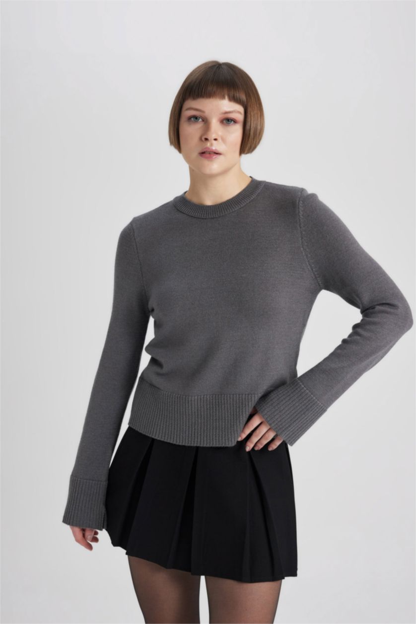 Kadın Antrasit Regular Fit Bisiklet Yaka Triko Kazak