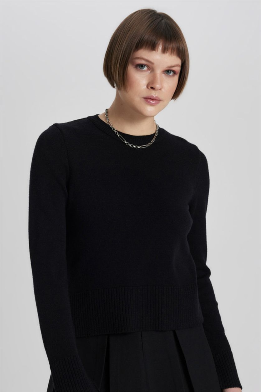 Woman Black Regular Fit Crew Neck Pullover