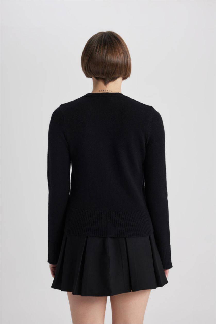 Woman Black Regular Fit Crew Neck Pullover