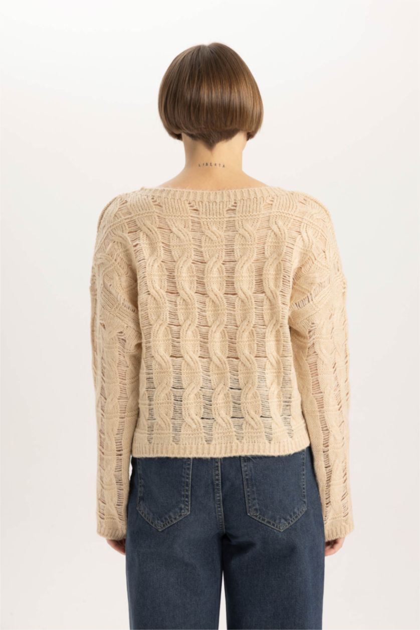 حريمي فيزوني داكن بلوفر تريكو قصة مريحة بياقة مستديرة