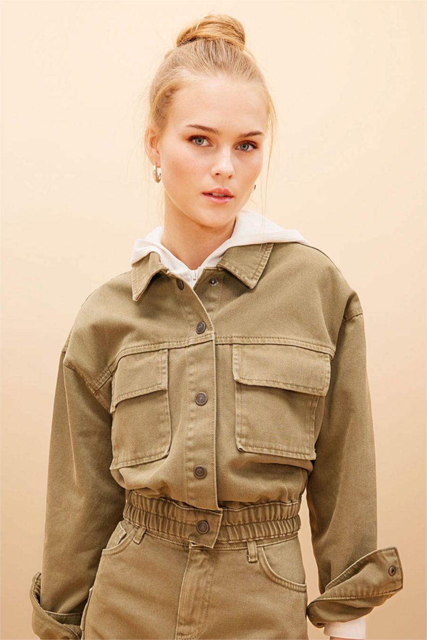 Kadın Haki Oversize Geniş Kalıp Uzun Kollu Gömlek