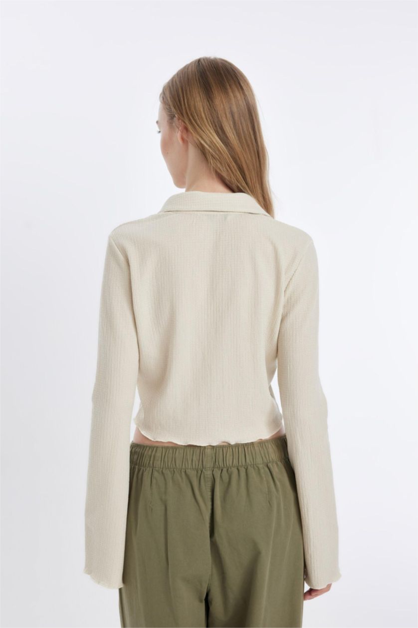 Kadın Ekru Fitted Basic Düz Agraf Kapamalı Bürümcük Uzun Kollu Gömlek