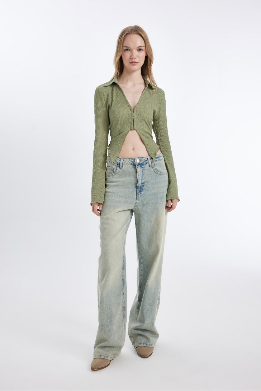 Kadın Haki Fitted Basic Düz Agraf Kapamalı Bürümcük Uzun Kollu Gömlek