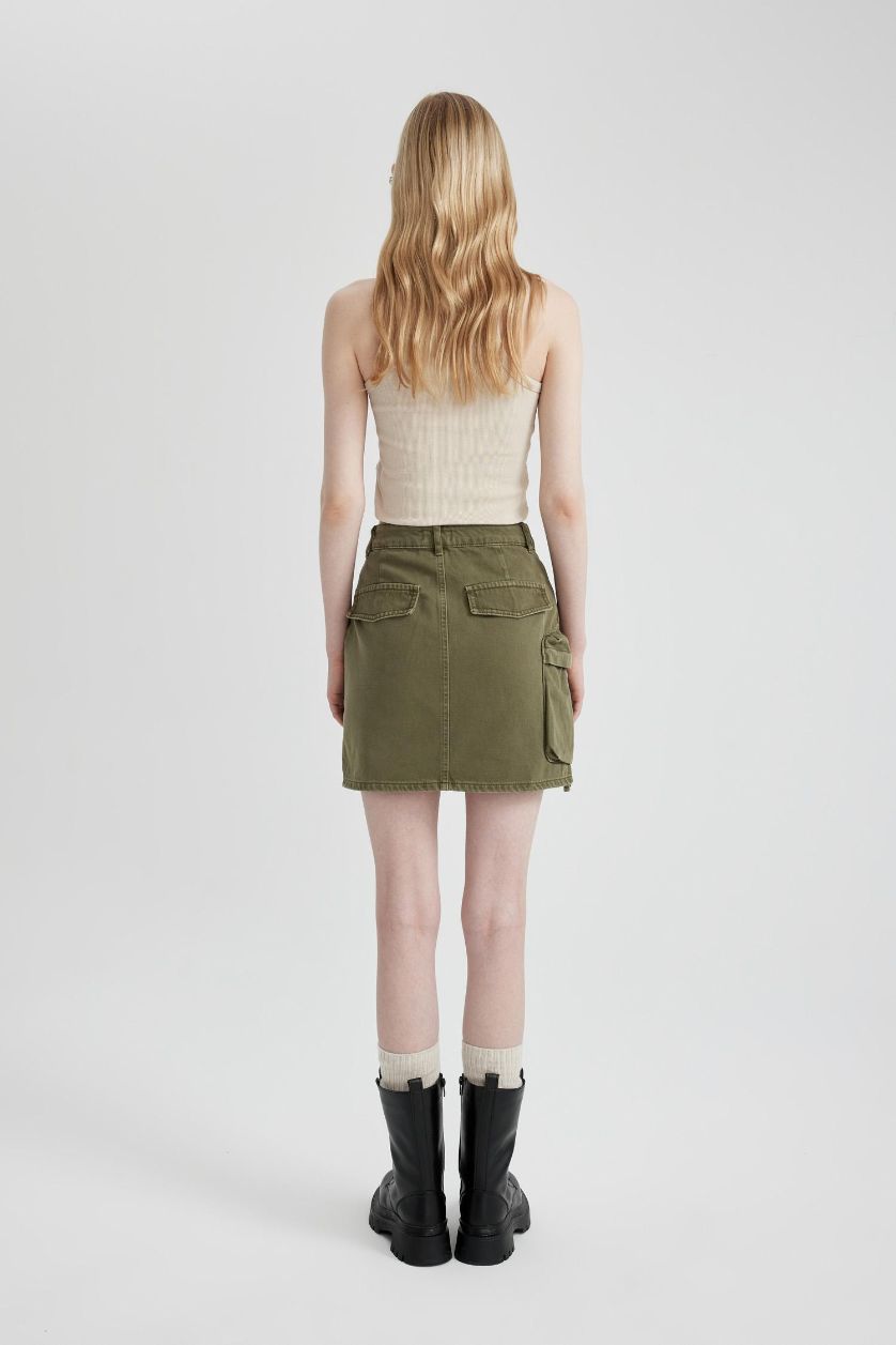 Kadın Haki Kargo Fit Gabardin Mini Etek