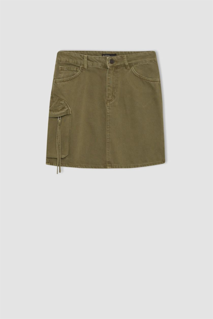 Kadın Haki Kargo Fit Gabardin Mini Etek