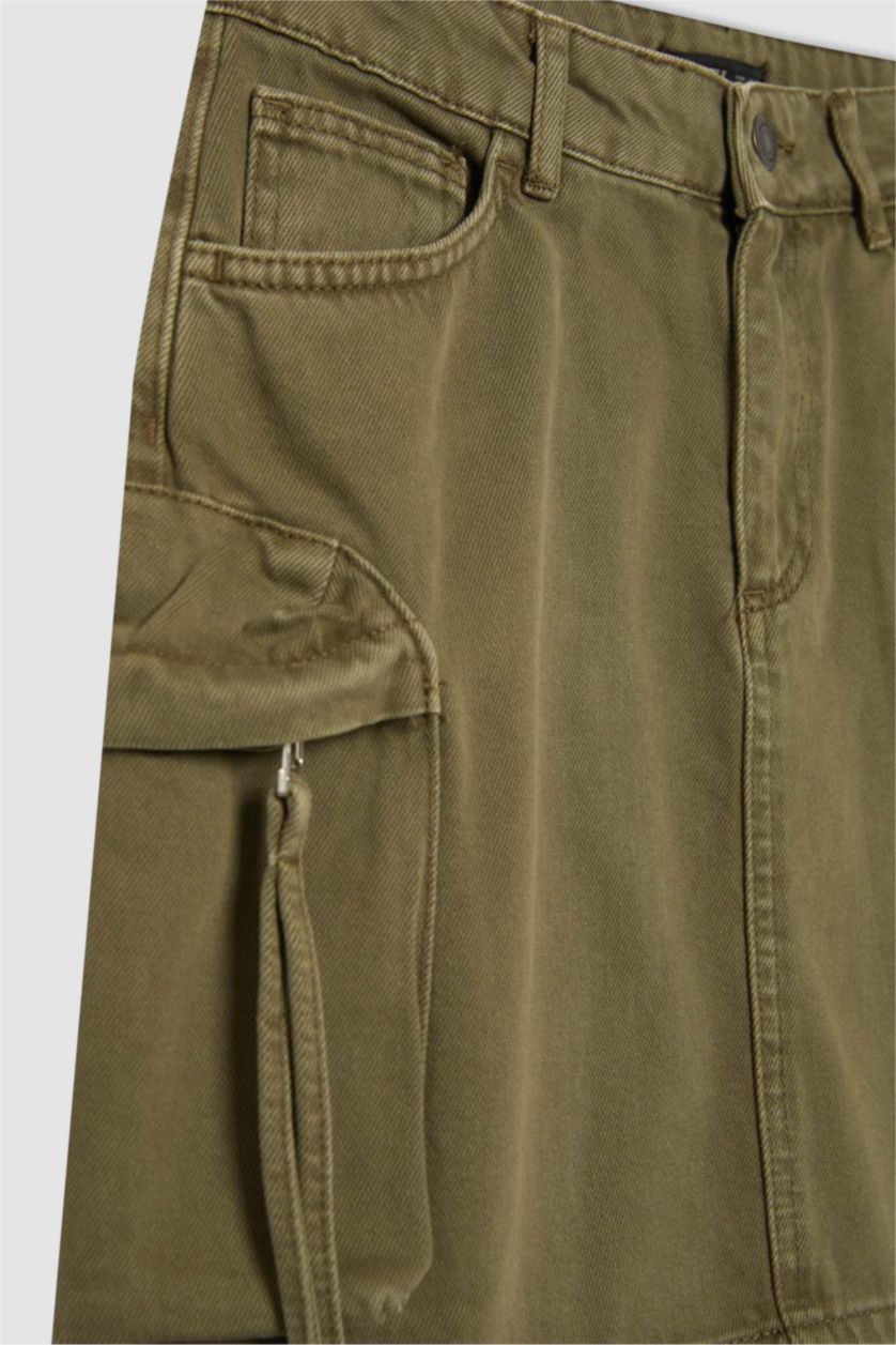 Kadın Haki Kargo Fit Gabardin Mini Etek