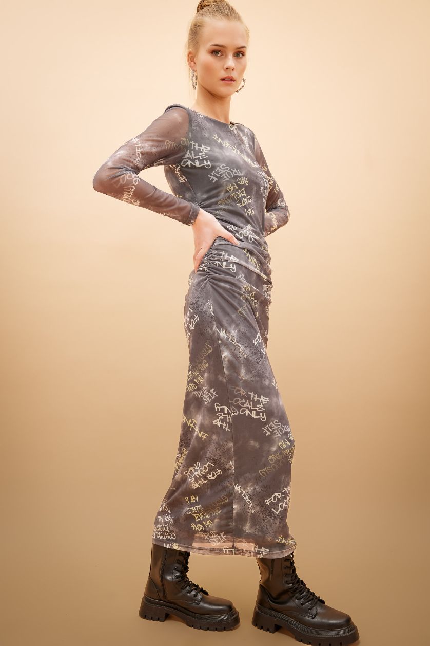 Woman Grey Bodycon Tulle Maxi Dress