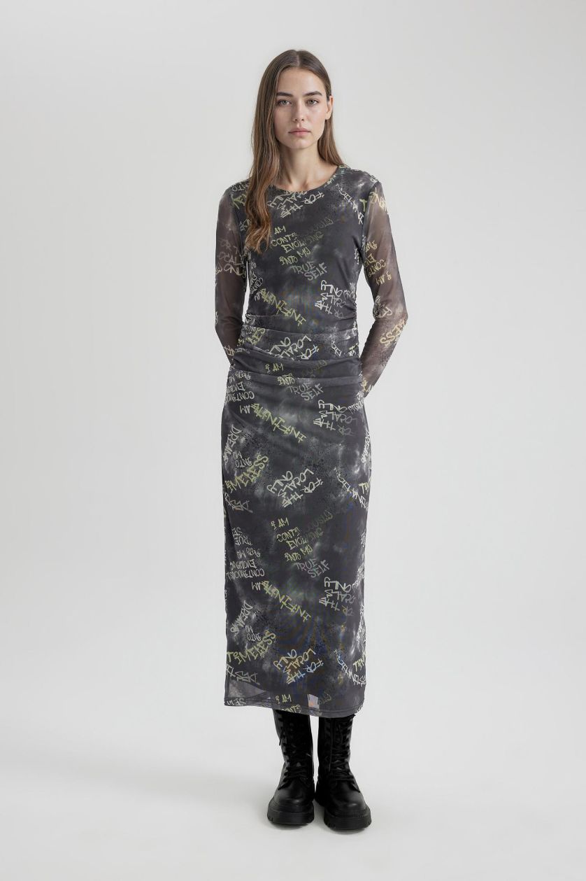 Woman Grey Bodycon Tulle Maxi Dress