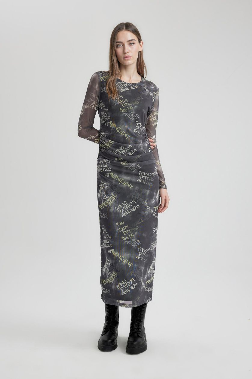 Woman Grey Bodycon Tulle Maxi Dress