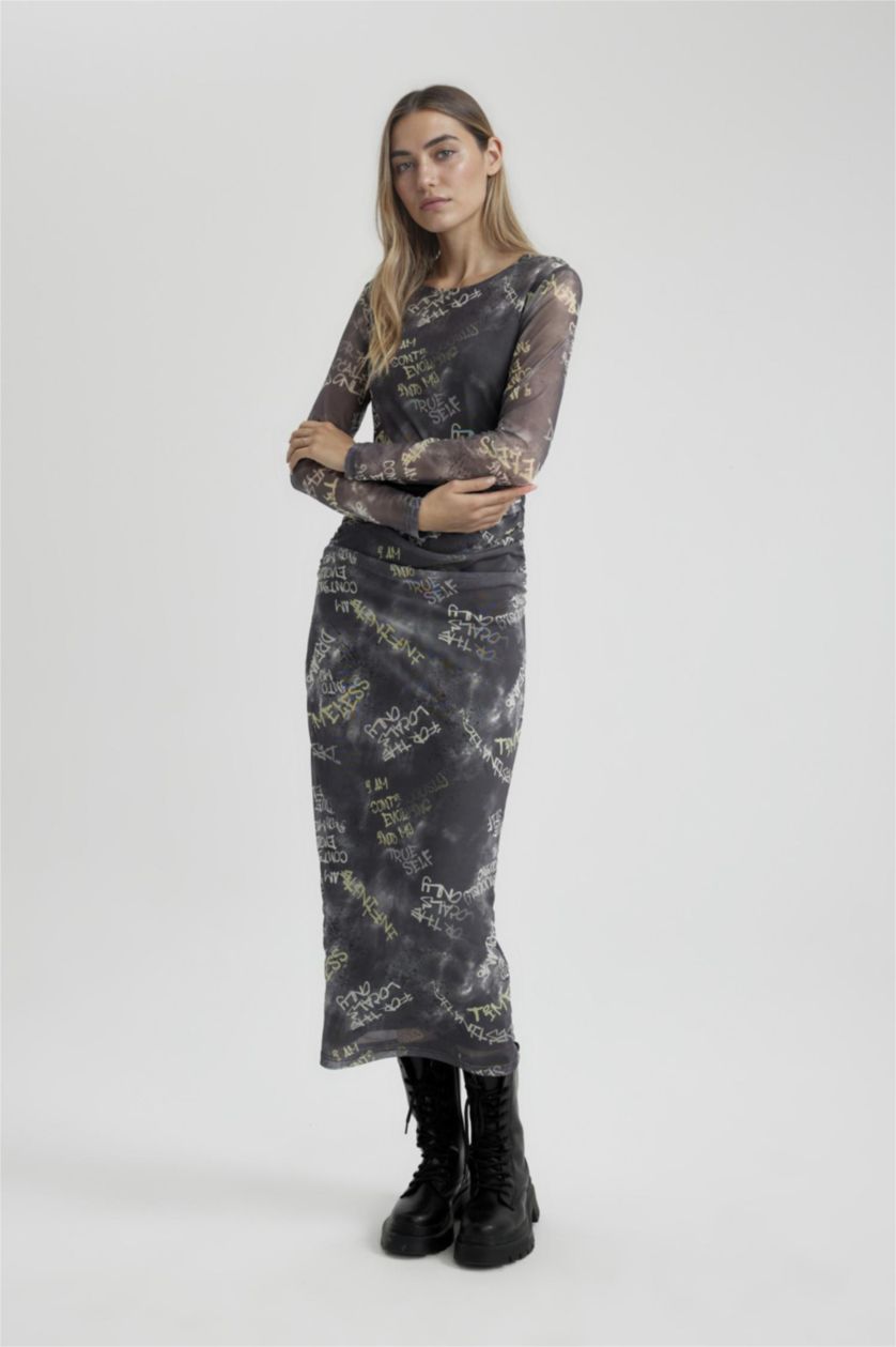 Woman Grey Bodycon Tulle Maxi Dress