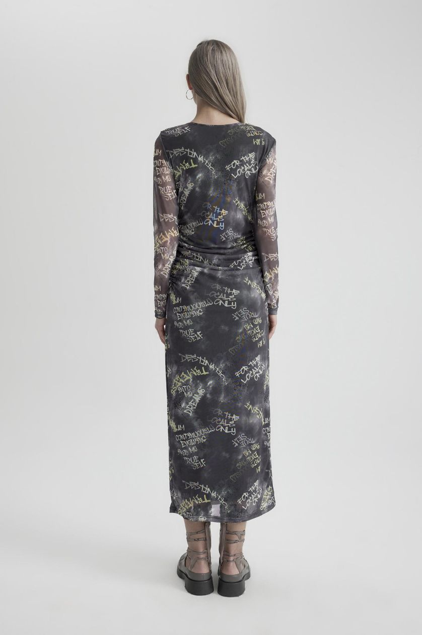 Woman Grey Bodycon Tulle Maxi Dress