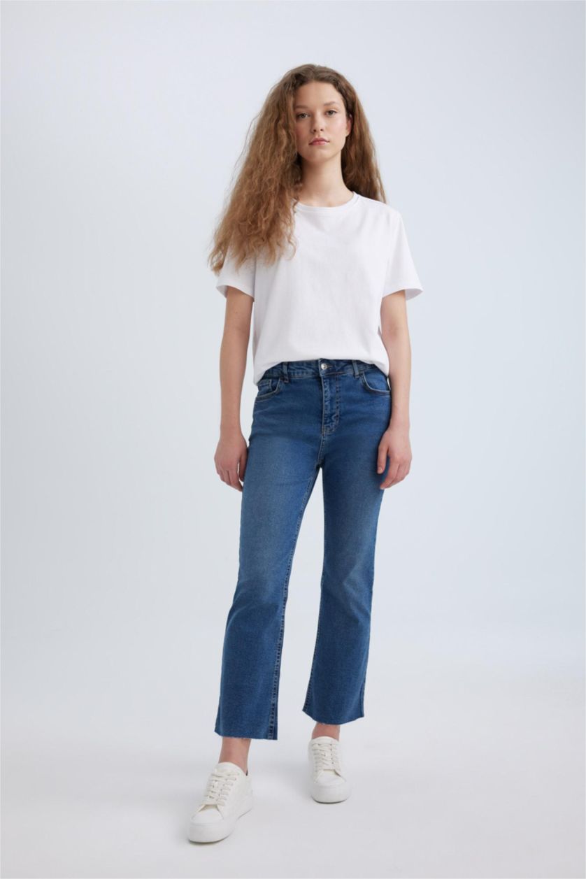 FEMME BLEU Clair Pantalon Jean à Taille Normale à Jambe Évasée et longueur cheville