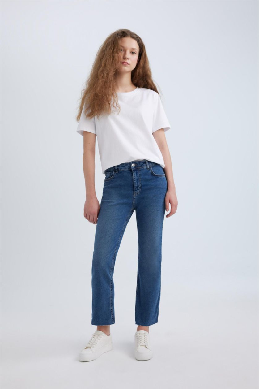 FEMME BLEU Clair Pantalon Jean à Taille Normale à Jambe Évasée et longueur cheville