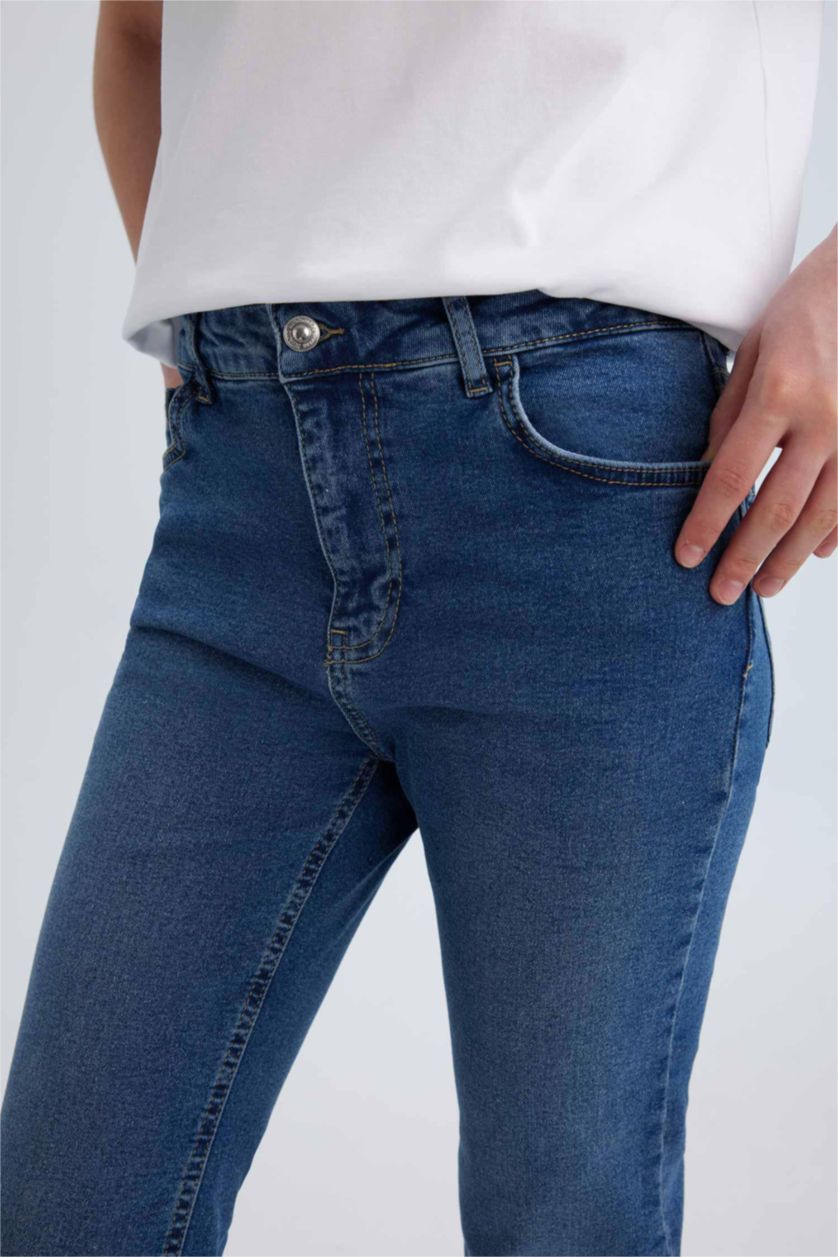FEMME BLEU Clair Pantalon Jean à Taille Normale à Jambe Évasée et longueur cheville