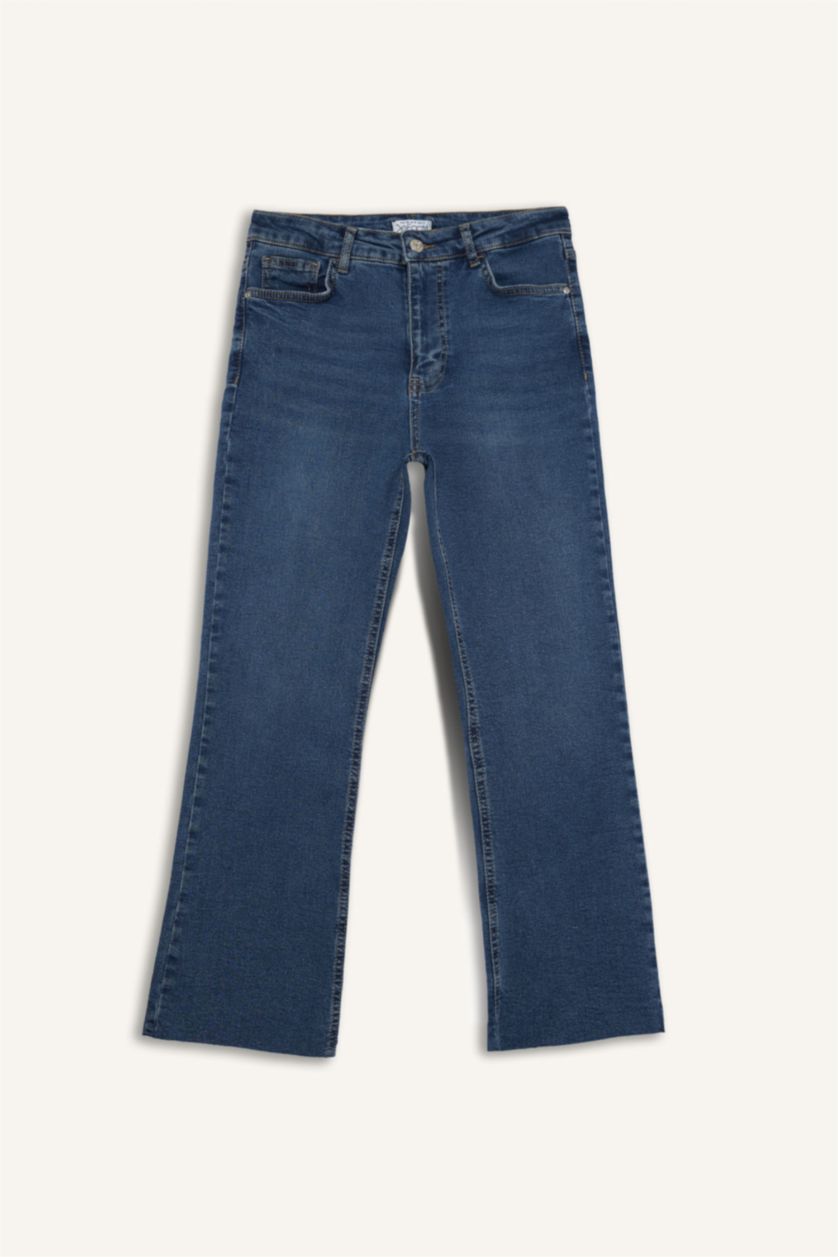 FEMME BLEU Clair Pantalon Jean à Taille Normale à Jambe Évasée et longueur cheville