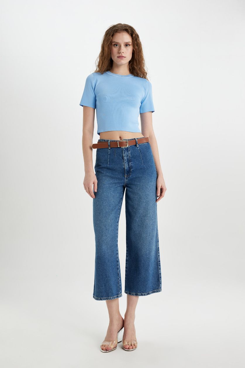 Kadın Açık Mavi Fitted Bisiklet Yaka Kısa Kollu Triko Tişört