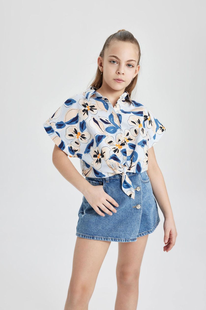 Girls & Teens Blue Girl Patterned Cotton Short Sleeve Crop Shirt