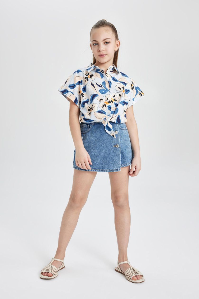 Girls & Teens Blue Girl Patterned Cotton Short Sleeve Crop Shirt