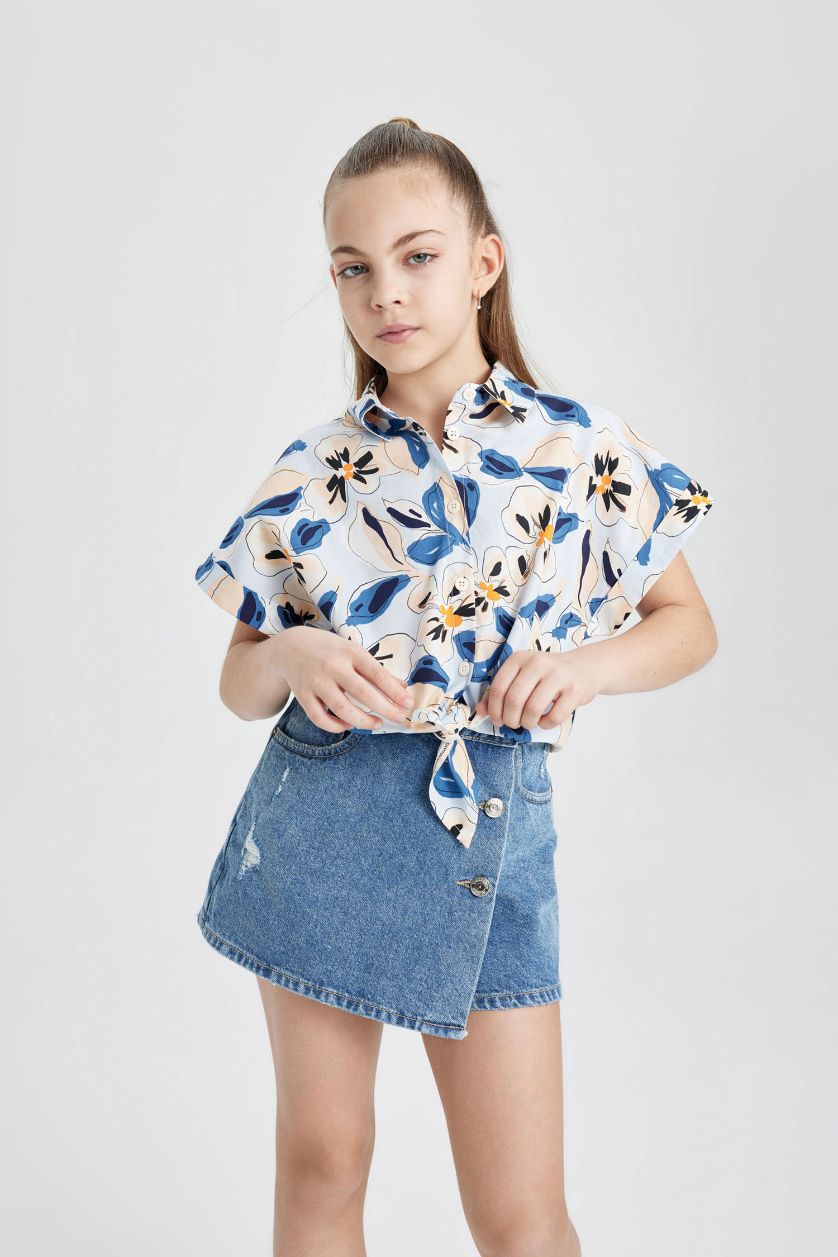 Girls & Teens Blue Girl Patterned Cotton Short Sleeve Crop Shirt