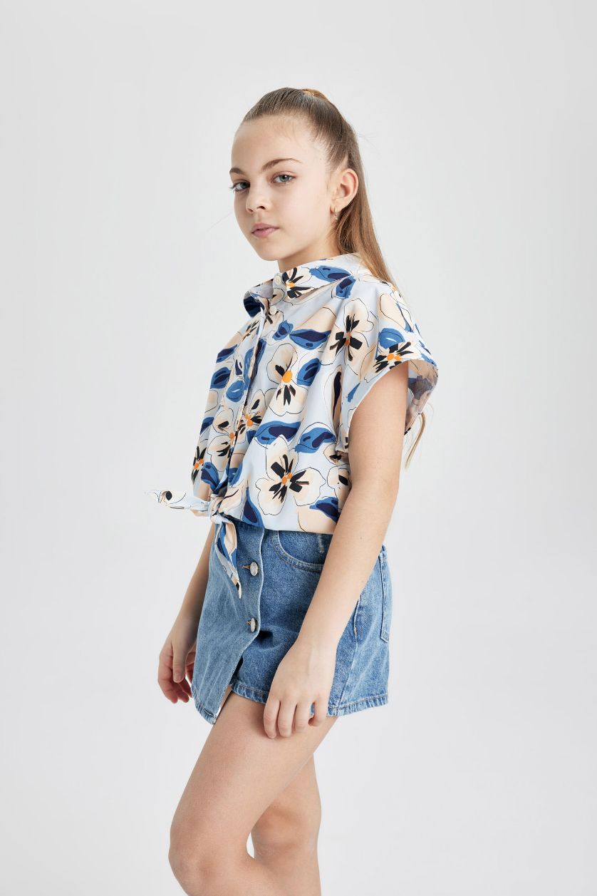 Girls & Teens Blue Girl Patterned Cotton Short Sleeve Crop Shirt