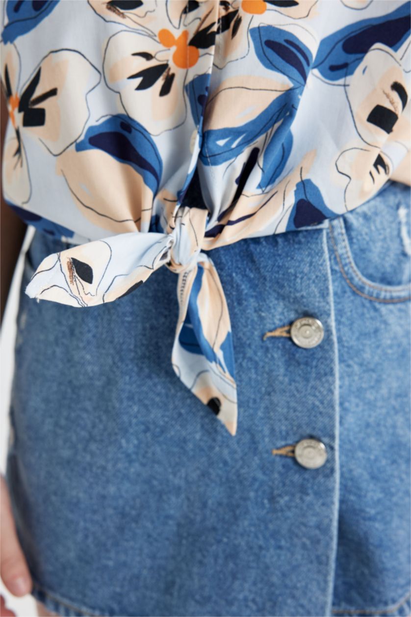 Girls & Teens Blue Girl Patterned Cotton Short Sleeve Crop Shirt