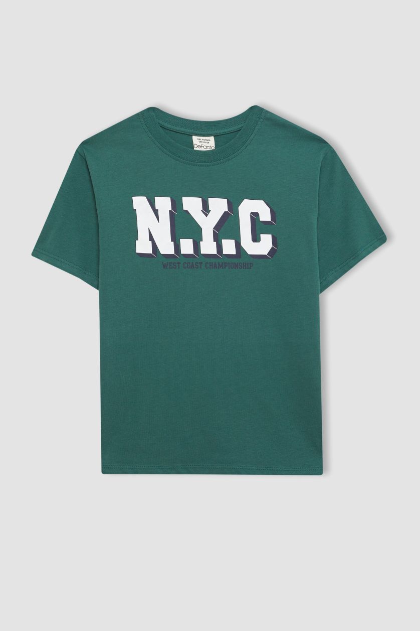 Erkek Çocuk - Genç Erkek Yeşil Erkek Çocuk Bisiklet Yaka Baskılı Kısa Kollu Tişört