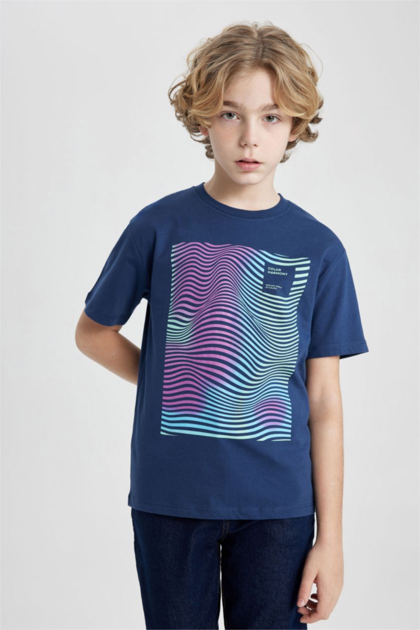 Erkek Çocuk - Genç Erkek Lacivert Erkek Çocuk Bisiklet Yaka Baskılı Kısa Kollu Tişört