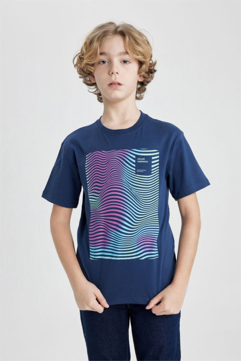 Erkek Çocuk - Genç Erkek Lacivert Erkek Çocuk Bisiklet Yaka Baskılı Kısa Kollu Tişört