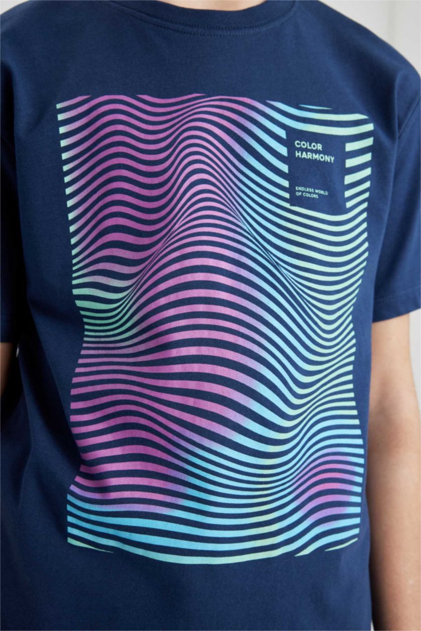 Erkek Çocuk - Genç Erkek Lacivert Erkek Çocuk Bisiklet Yaka Baskılı Kısa Kollu Tişört