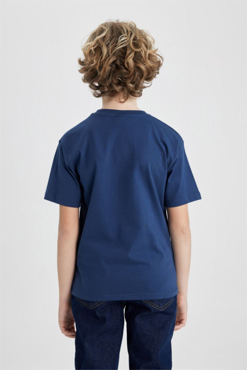 Erkek Çocuk - Genç Erkek Lacivert Erkek Çocuk Bisiklet Yaka Baskılı Kısa Kollu Tişört