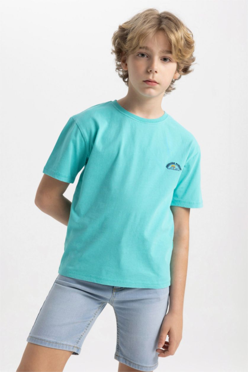 Boys & Teens Light Green Boy Crew Neck Embroidered Short Sleeve T-Shirt
