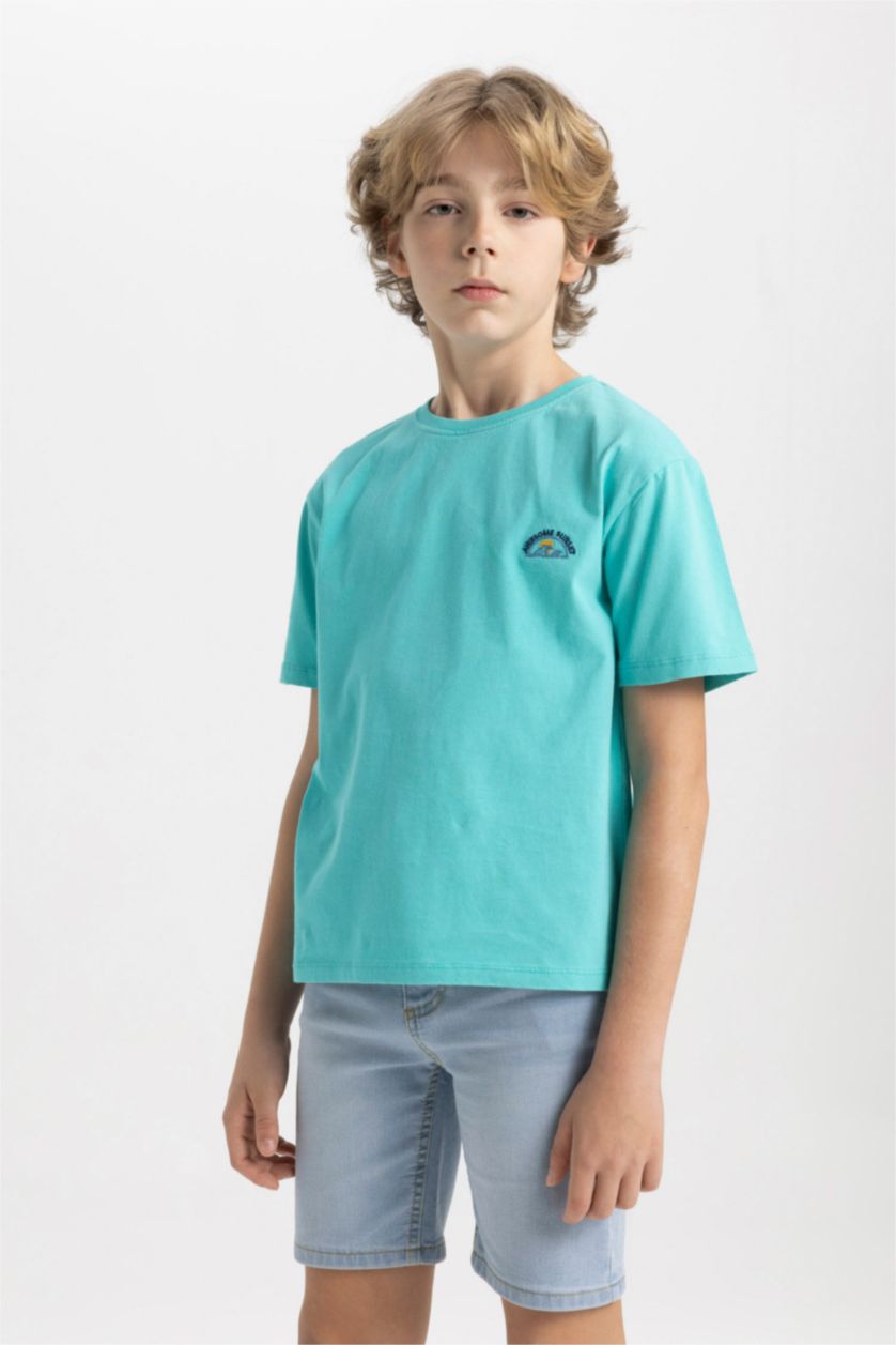 Boys & Teens Light Green Boy Crew Neck Embroidered Short Sleeve T-Shirt