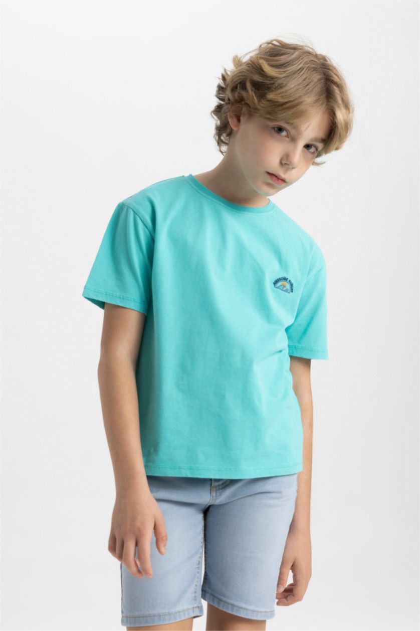 Boys & Teens Light Green Boy Crew Neck Embroidered Short Sleeve T-Shirt